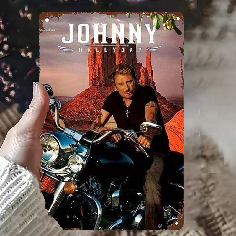 TEMU Panneau Métal Moto Hallyday 2D Plat, 1pc - 20X30 Hommage Français avec Moto & Logo, Plaque Murale en Fer Durable pour , Bar, Bureau - pour Fans,