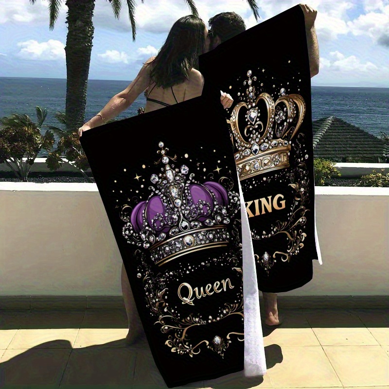 Set Of 2 Crowns Quick-dry Beach Towels For Couples - Made From Soft And Durable Polyester And Microfiber, Absorbent And Lightweight, Perfect , Featuring An Elegant , A Summer Beach Essential