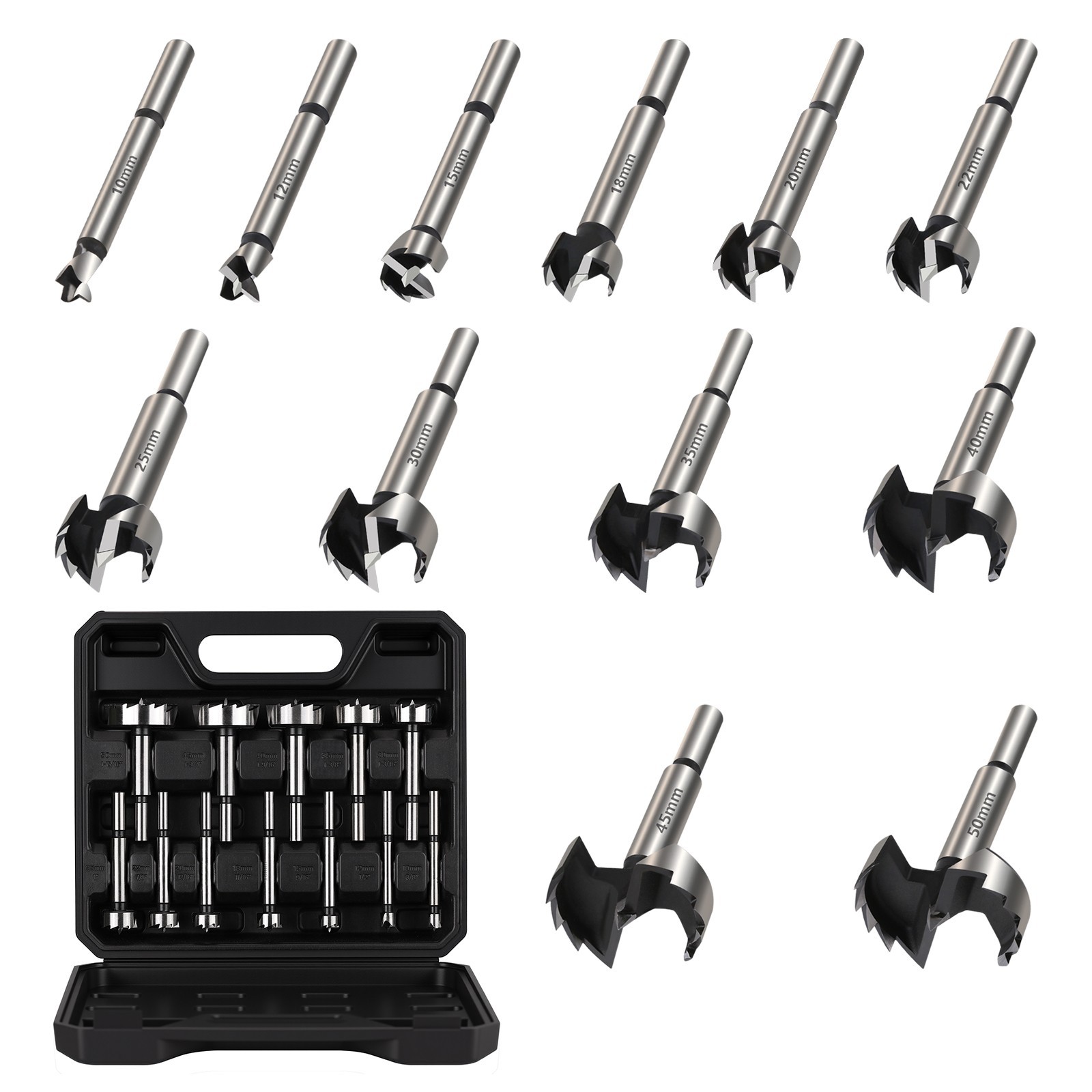 Image of Set Of 12 Drill Bits, Ranging From 10 To 50mm, Made Of Hcs, Featuring Design For Woodworking, Equipped With Round Shank, Suitable For Hinge Boring In Solid Wood, Mdf, And Particleboard