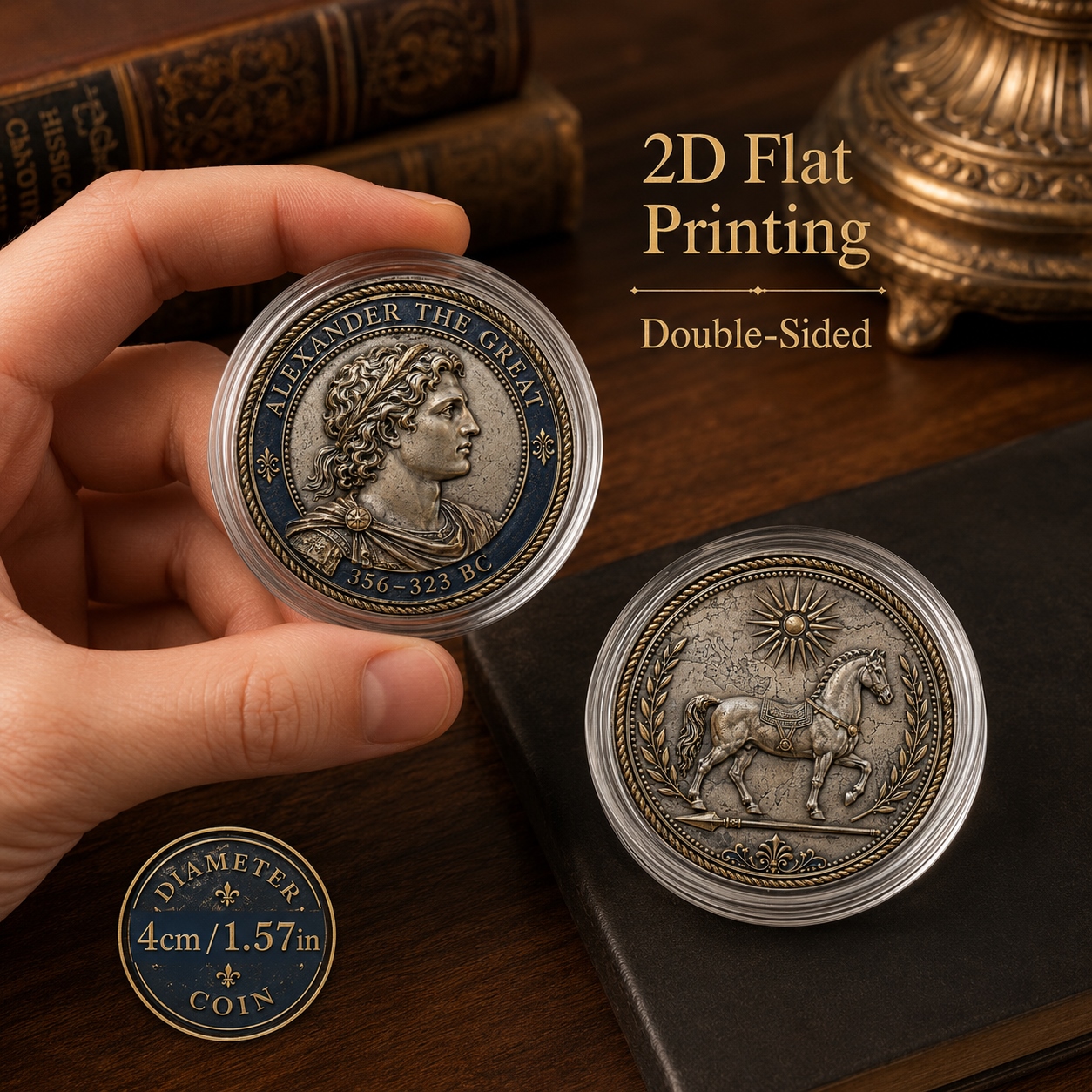 TEMU 1pc, 2d Flat Printing, Double-sided Metal Commemorative Coin, Horse & Historical Challenge Coin & Decorative Decision Coin, Bronze-tone