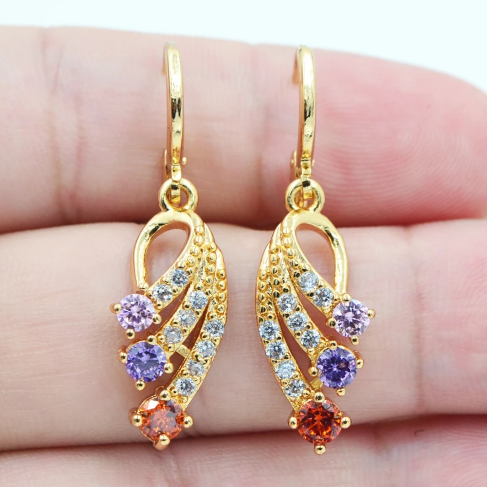 Image of Elegant Copper Drop Earrings With Synthetic Cubic Zirconia | Kc Golden Plated Dangle Hoops For Women, Suitable For Daily Wear And Wedding Occasions