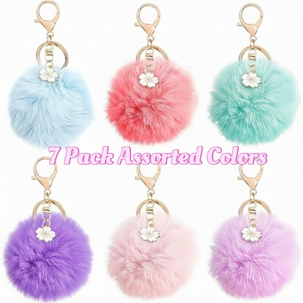 TEMU 7pcs Random Colors Fluffy Bag Charms With Flowers, Soft Faux Keyring For Backpack, Easy To Spot Keys In Deep Purse