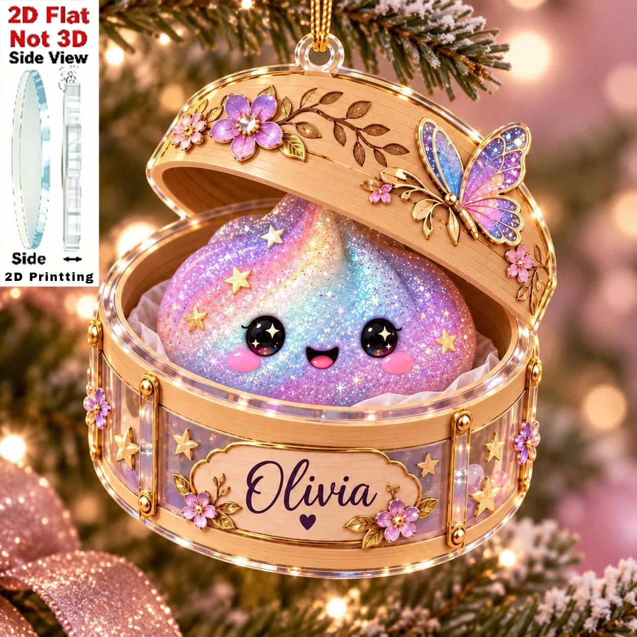 TEMU Plat 2D, Ornement de Noël de Ravioli à Paillettes Plat 2D, Décoration en Acrylique avec Nom Personnalisé, Adorable Ornement d'Arbre Pastel,