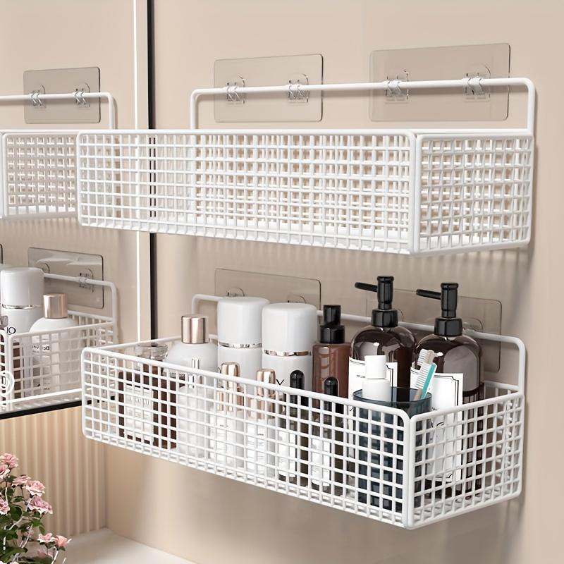 

1pc Modern Wall-mounted Metal Storage Basket For Bathroom - No Drill Vanity Organizer, Non-toxic, Battery-free , Bathroom Accessory