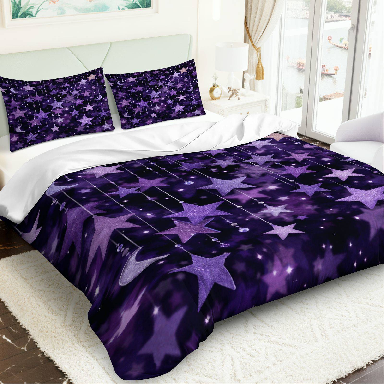 3pcs glitter starry night bedspread cover purple galaxy duvet pillowcases suitable for room guest bedding luxury zippered bed sheets for use machine washable no comforter fillers