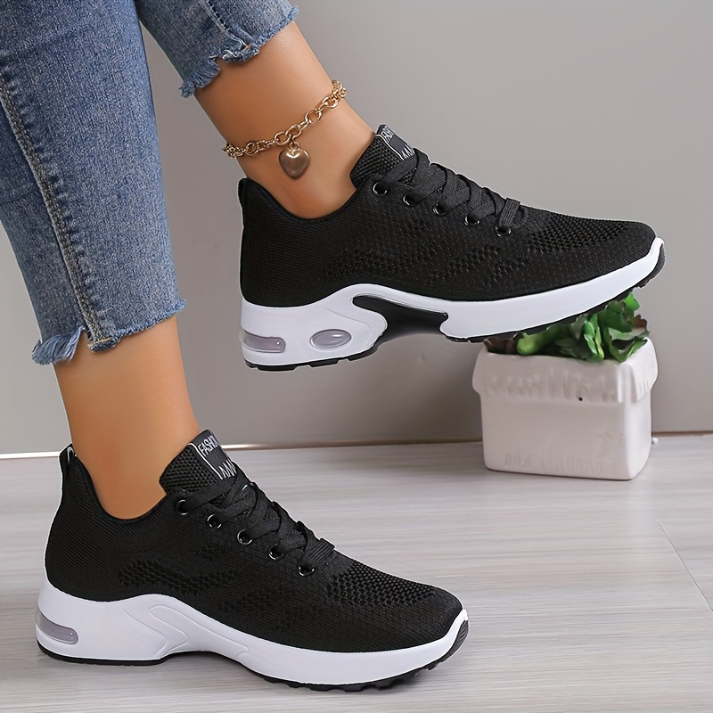 new womens black white breathable mesh low top sneakers with shock absorbing pu air cushion anti slip rubber sole anti odor technology modern lace up casual sports   day   slipresistant footwear  able   everyday footwear durable construction daily wear details 0