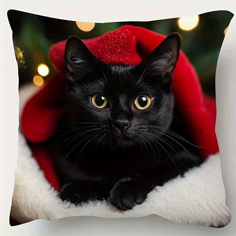 TEMU 1pc, Christmas Cute Cat Adventure! Black Cat Pattern Pillowcase. Soft, Comfortable, And Smooth Polyester Short Plush Fabric, Single-sided Print,