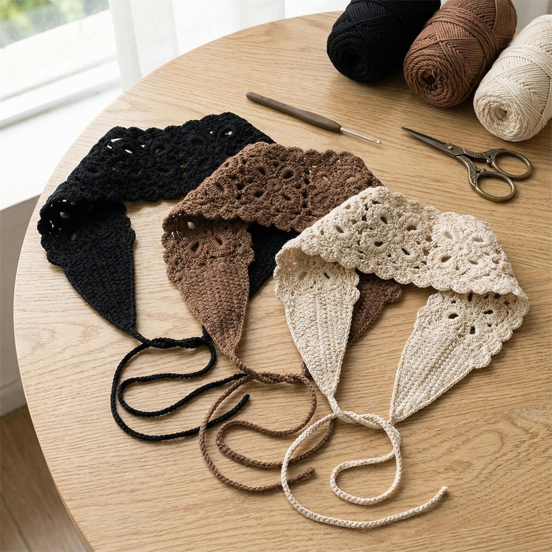 TEMU 3pcs Boho Hollow Crochet Tie Headbands, Vintage Lace Knit Hair Scarf, Adjustable Bandana, Breathable Face Framing Hair Additions For Women Beach