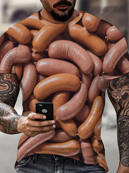 mens realistic sausage print t shirt textured free crew neck short sleeve casual athletic wear suitable for gym everyday outfits machine washable digital sausage design shirt no denim size