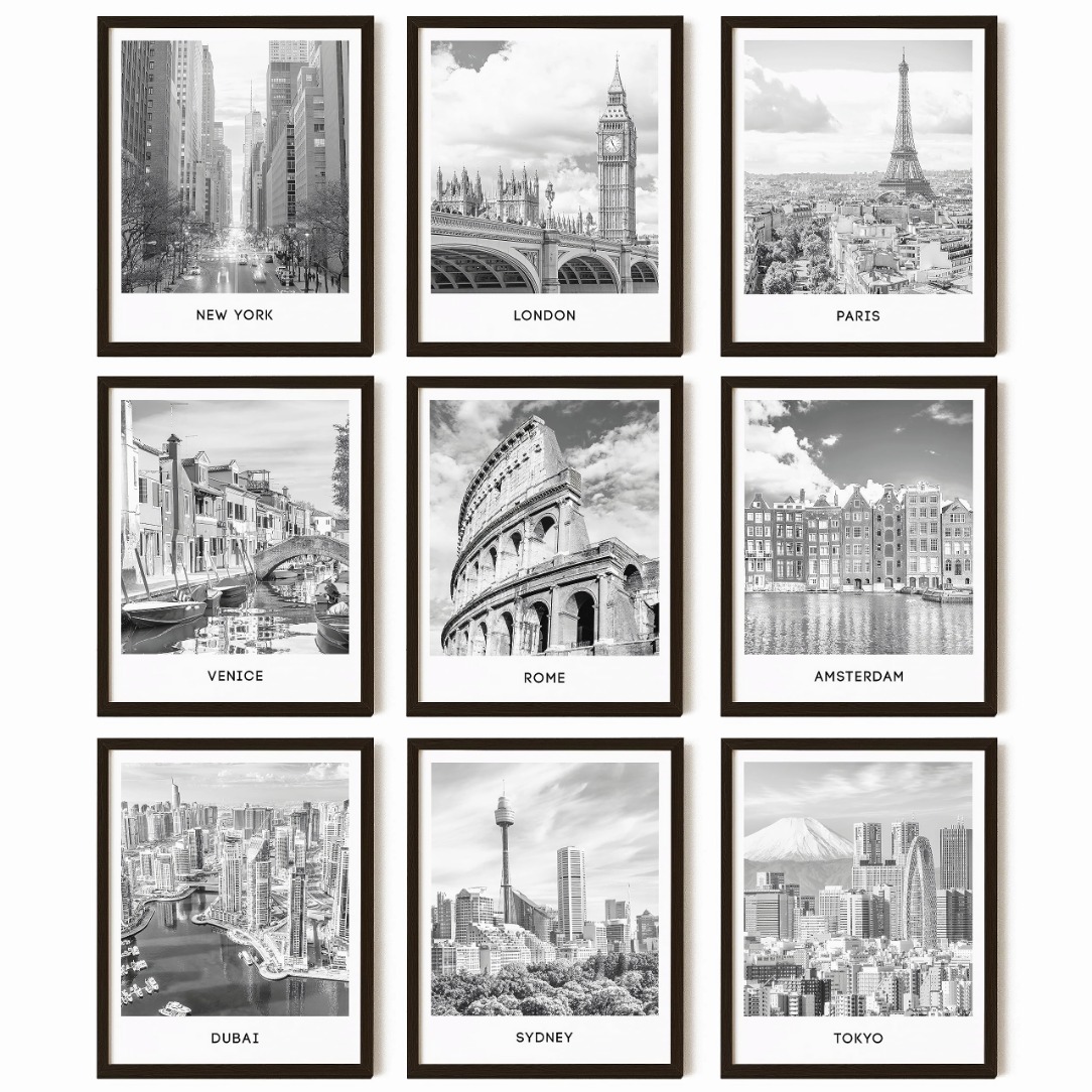 TEMU 9pcs Decor Black Wall Art Print Cityscape Pictures, Famous Architecture Landscape Artwork Wall Decor, European Buildings Poster, Photo 8x10