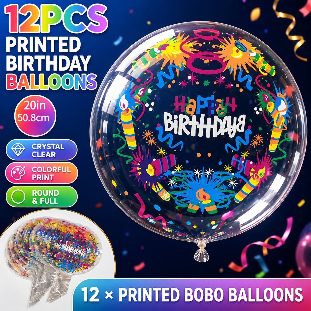 TEMU 12pcs Happy Birthday Bobo Balloons, 20-inch Colorful Printed Transparent Bubble Balloons, Large Round Or Helium Fillable Birthday Party
