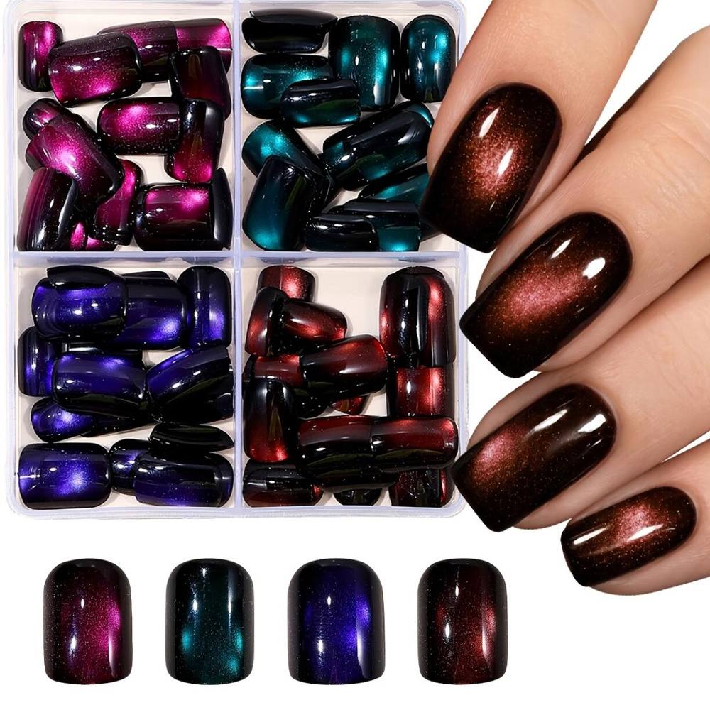 TEMU 96pcs Cat Eye Press On Nails, Medium Square Glossy False Nails, Red Green Purple Acrylic Fake Nails, Reusable Detachable Glue On Nail Tips For
