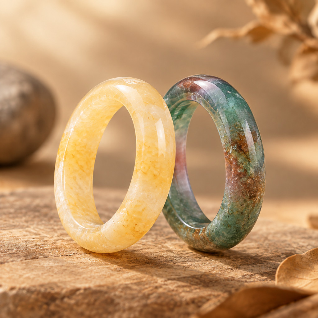 2pcs Yellow Jade & Multi-Color Agate Band Ring Set