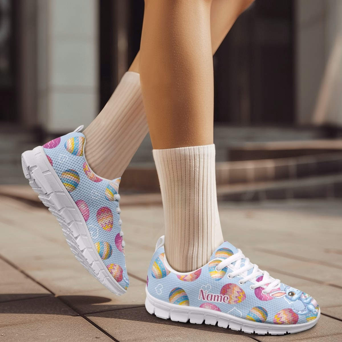 Personalized Name/Number Bunny & Egg Print Mesh Sneakers - Low-Top...