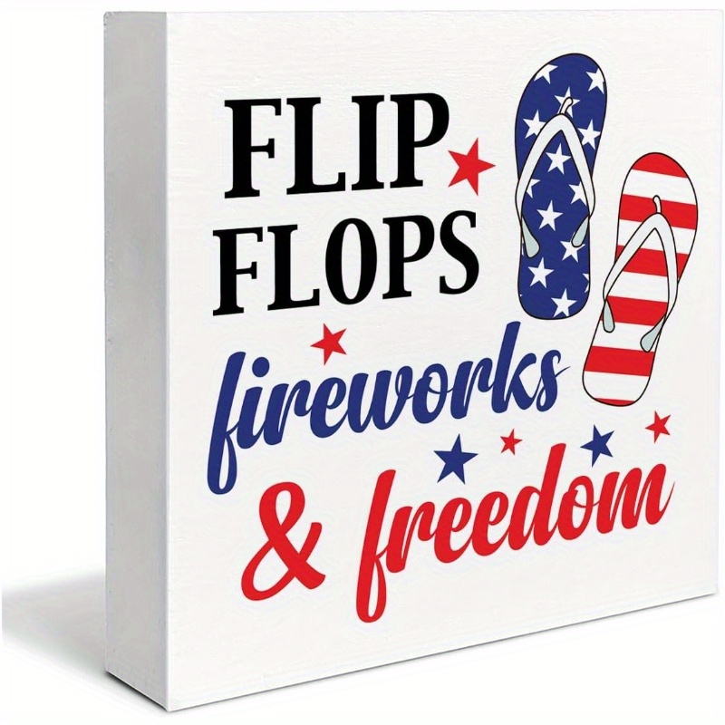 decorative plaque for the   featuring a wooden     flip flop fireworks and   themed red white and blue tabletop decor realistic wood look for   with silhouette cutouts measures 5x5 inches 0