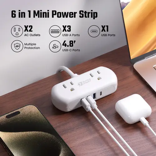 strip protector with 2 wide outlets 3 usb a 1 usb c 4 8 ft extension cord flat plug compact size desktop charging station 1 2pcs