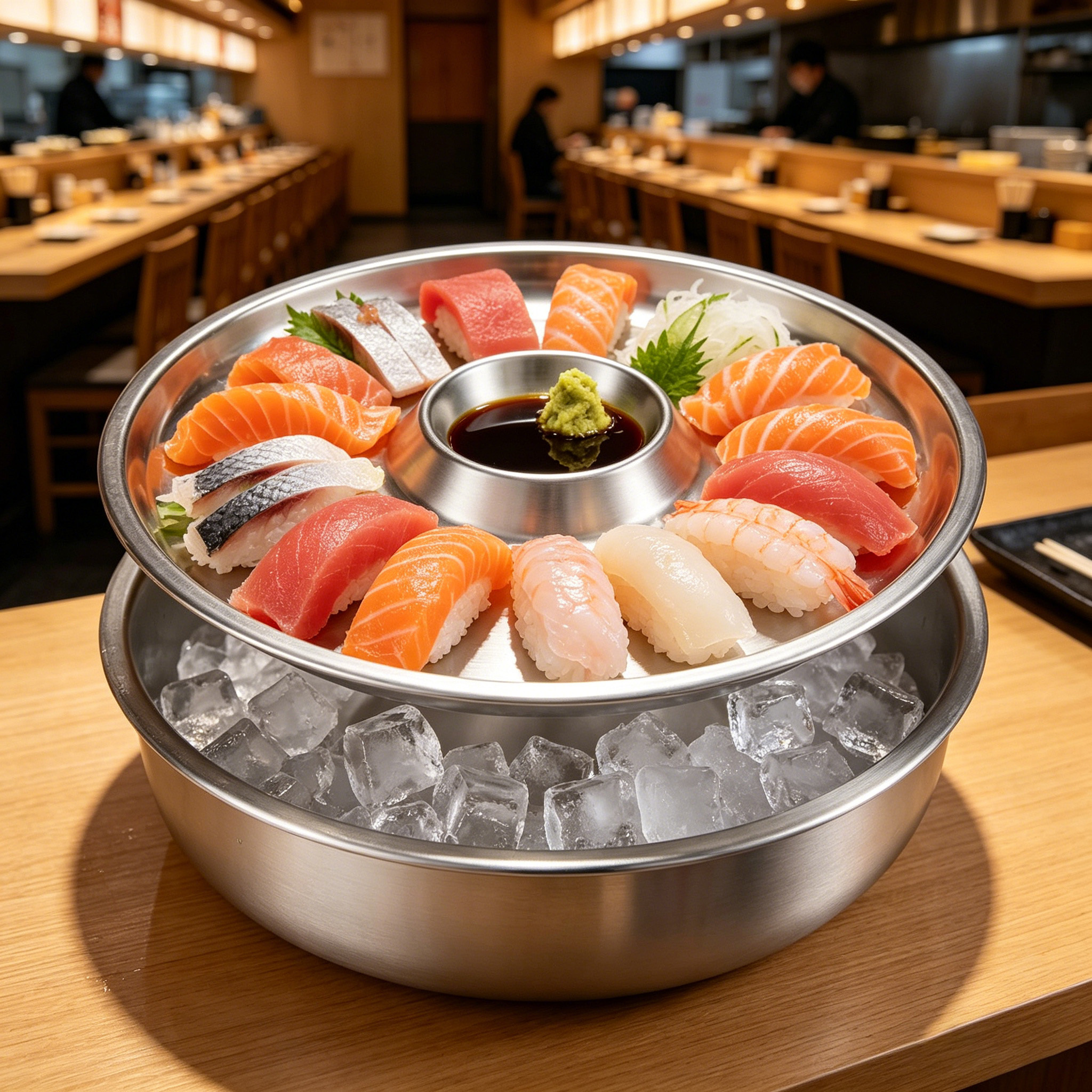 TEMU Premium Stainless Steel Sushi Serving Platter With Ice Base & Central Soy Sauce Holder, Round Japanese Sashimi Cold Plate, Food Grade Seafood