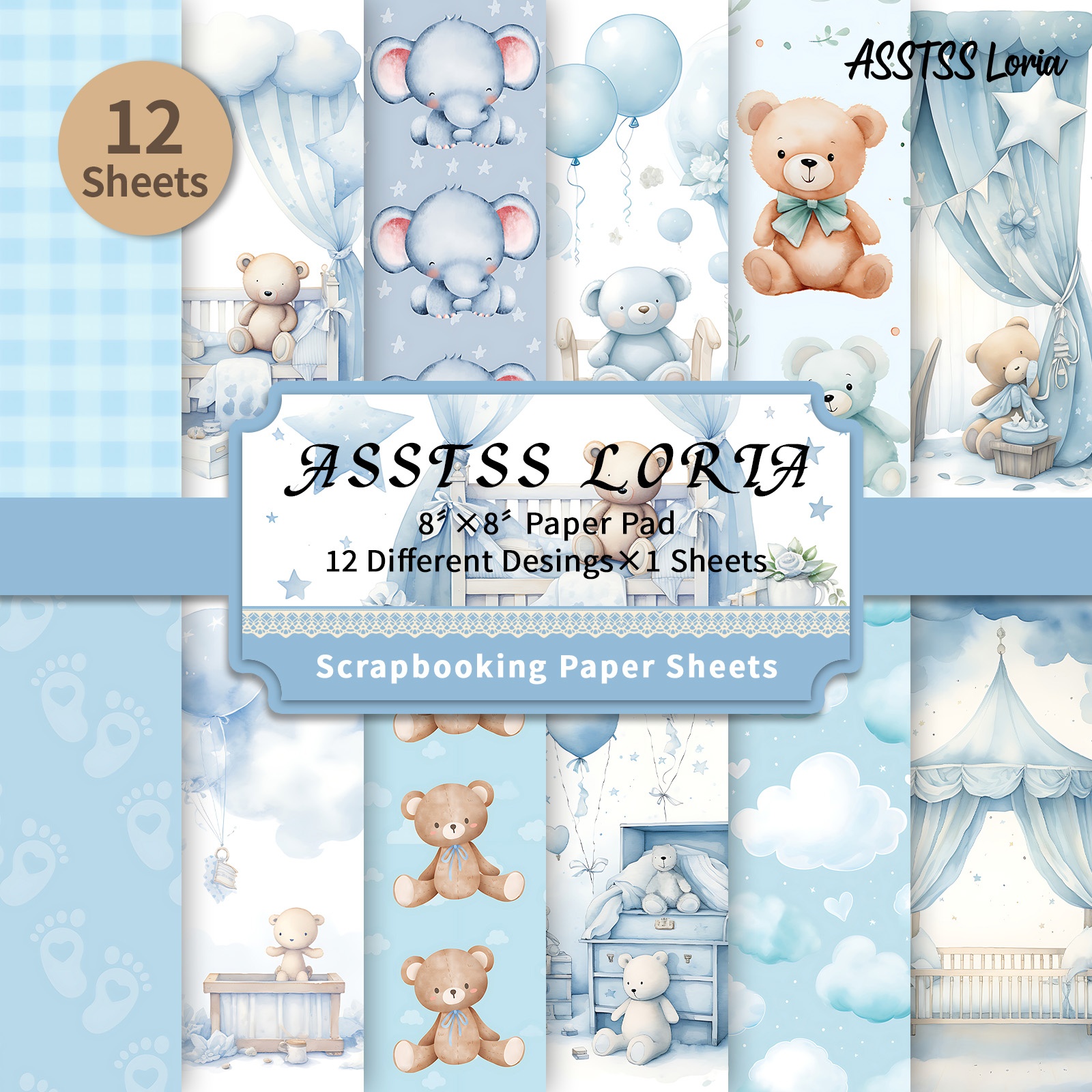 TEMU Lot de 12 feuilles de papier scrapbooking ASSTSS Loria de 8 x 8 pouces, papier de base série bébé bleu, papier cartonné épais pour journaling,
