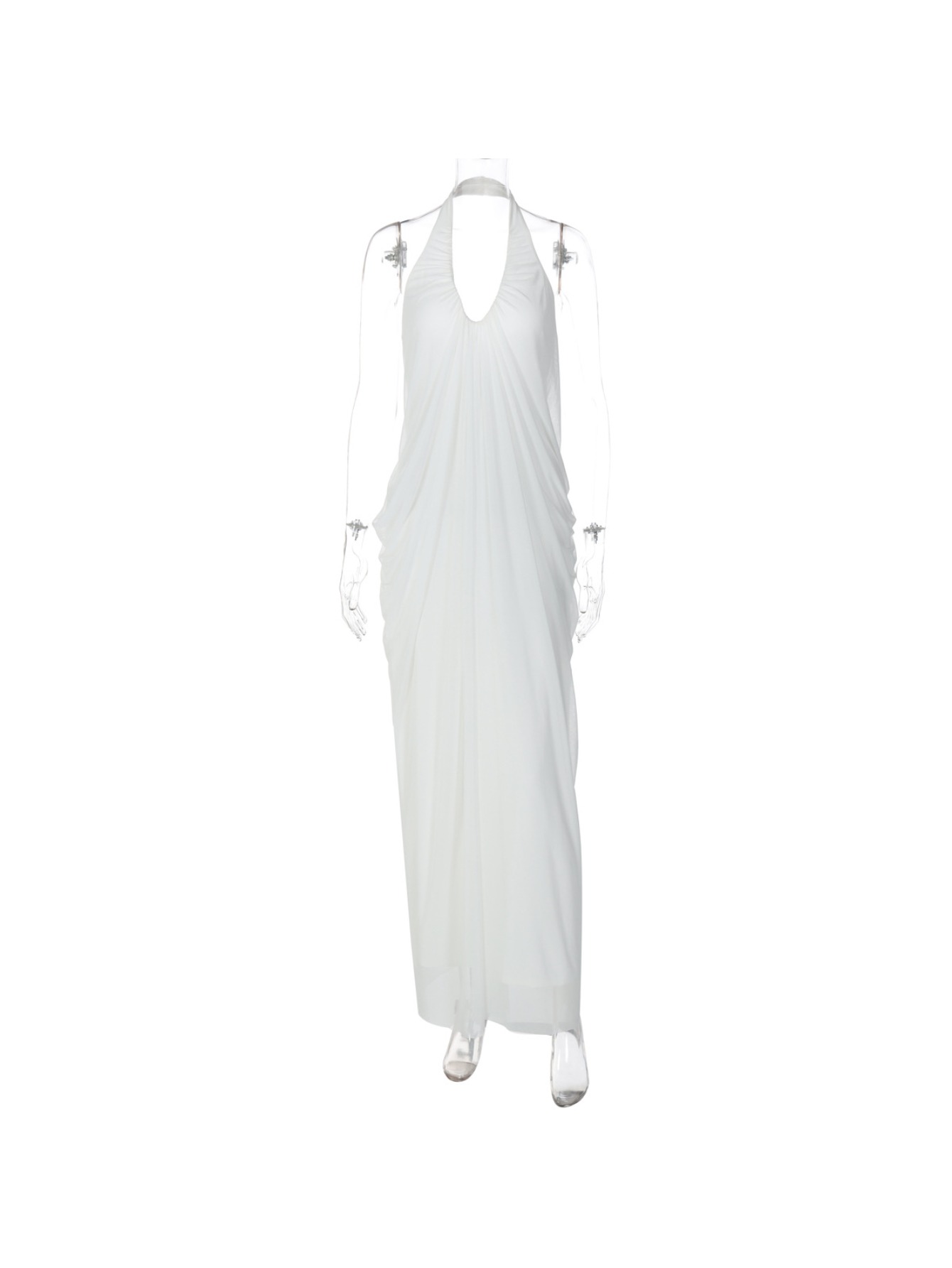 chinese dress ladies White Plunging Neck Elastic Straps Cotton Maxi Dress main image 1