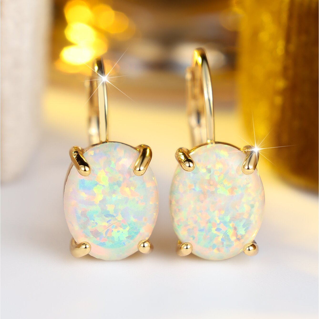 TEMU A Pair Of Women's Hoop Earrings Featuring Inlaid Oval Synthetic Opal Stones, Offering A Fashionable, Simple, Classic, , Cute, Elegant, Gorgeous,