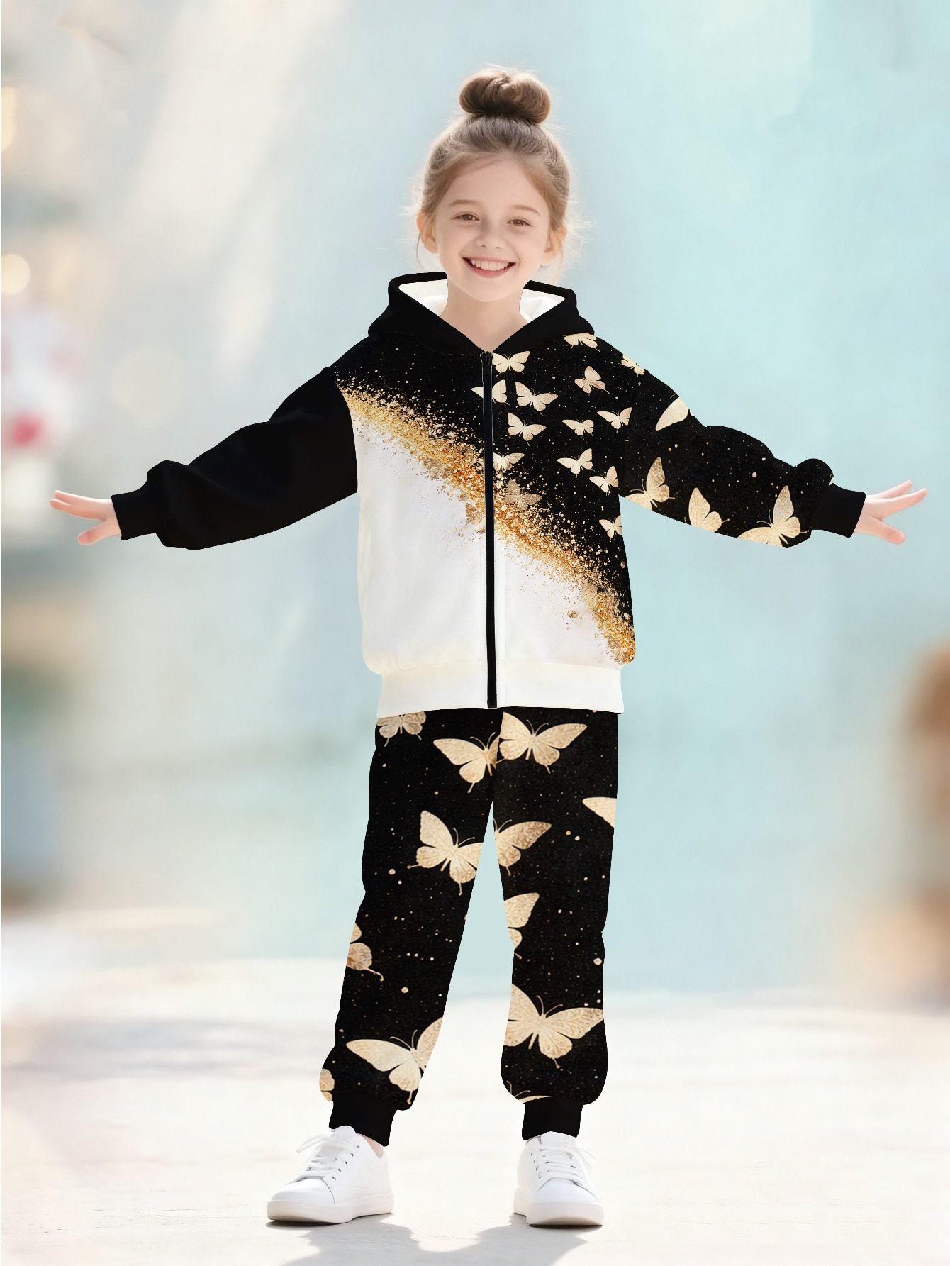 mädchen zip-up hoodie zweiteiliges set mit trendigem print sweatshirt und hose, stylisches und vielseitiges freizeit-sportbekleidung, lebhaftes und verspieltes mode-outfit, für outdoor