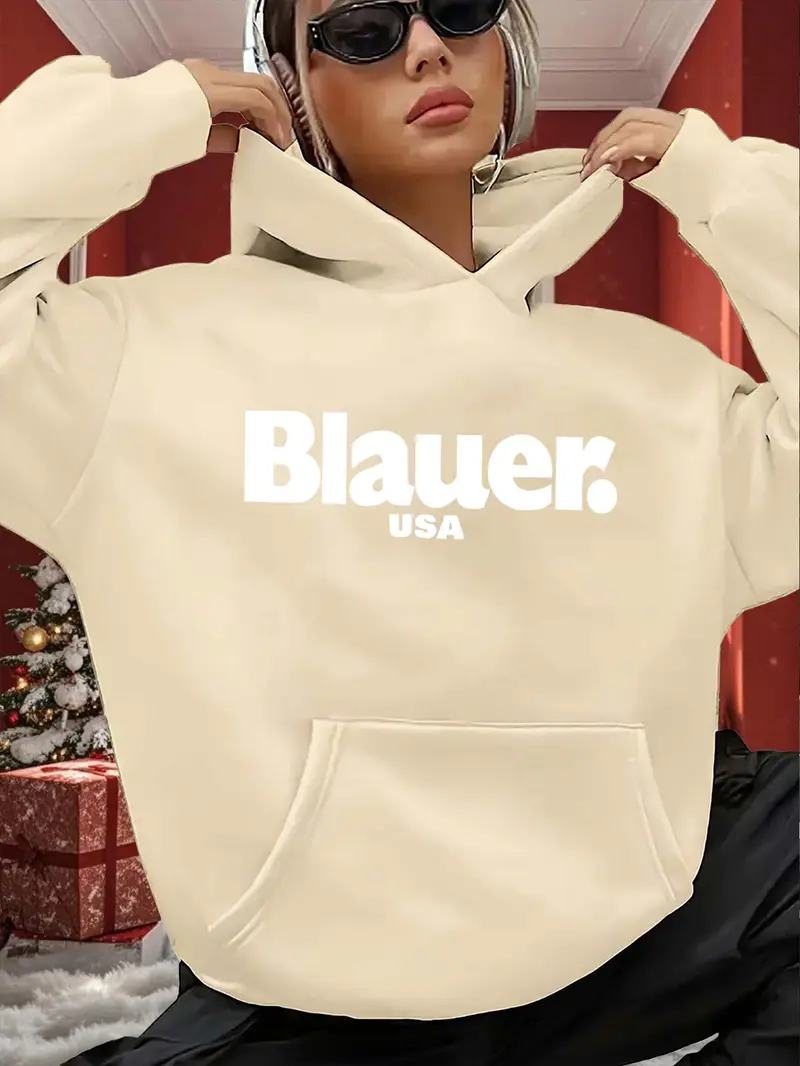 Apricot Women's Oversized Hooded Sweatshirt with Bold White Blauer USA Print