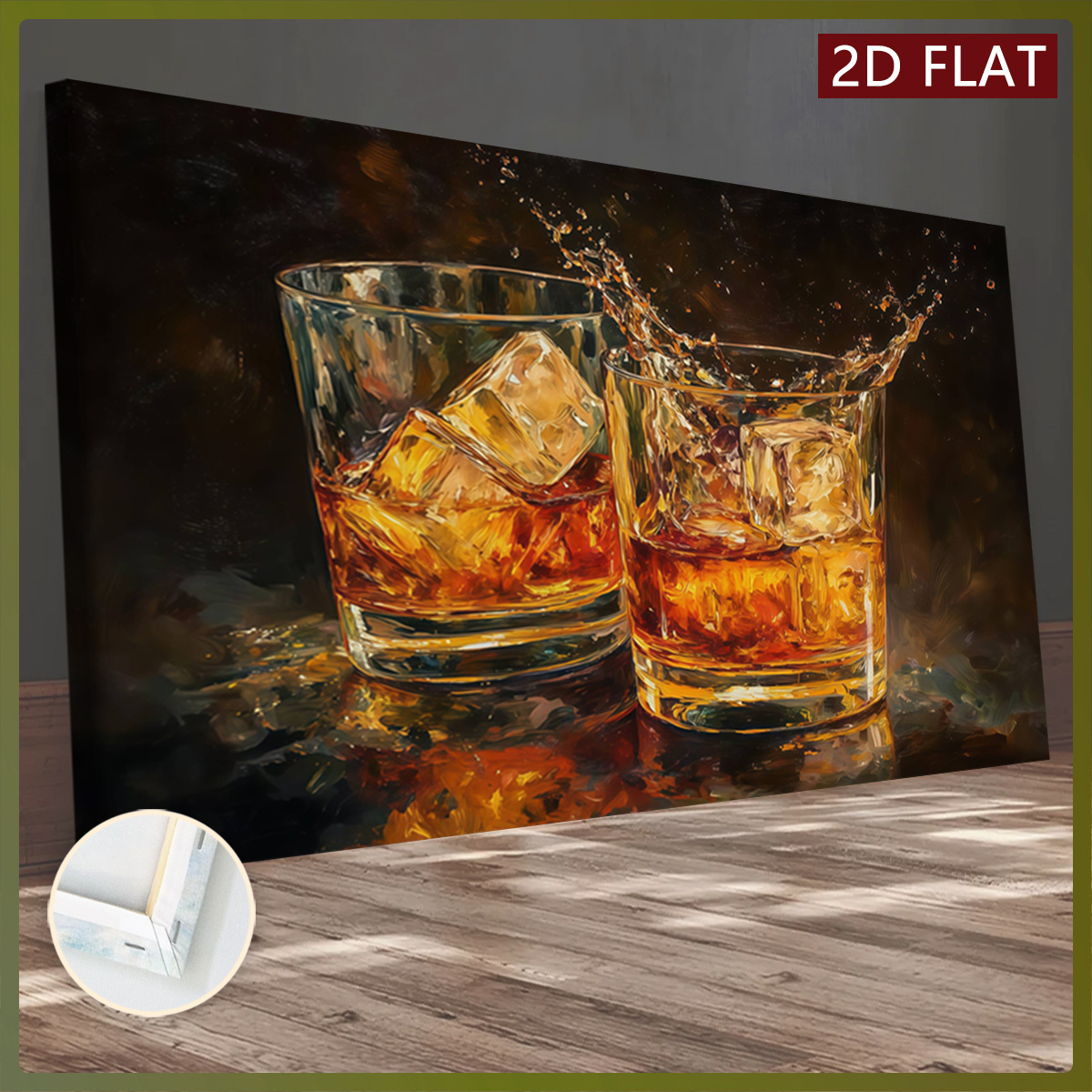 2D Plat, [2D Plat] 1 stuk Houten Gekaderd Canvas, Whiskeyglazen met IJsblokjes Spat Schilderij, Kunst voor Huisdecoratie, Patroon Wanddecoratie, voor Woonkamer, Bar Wanddecoratie, Geurloos, Schilderij, Print, Kunstwerk, 2D Plat