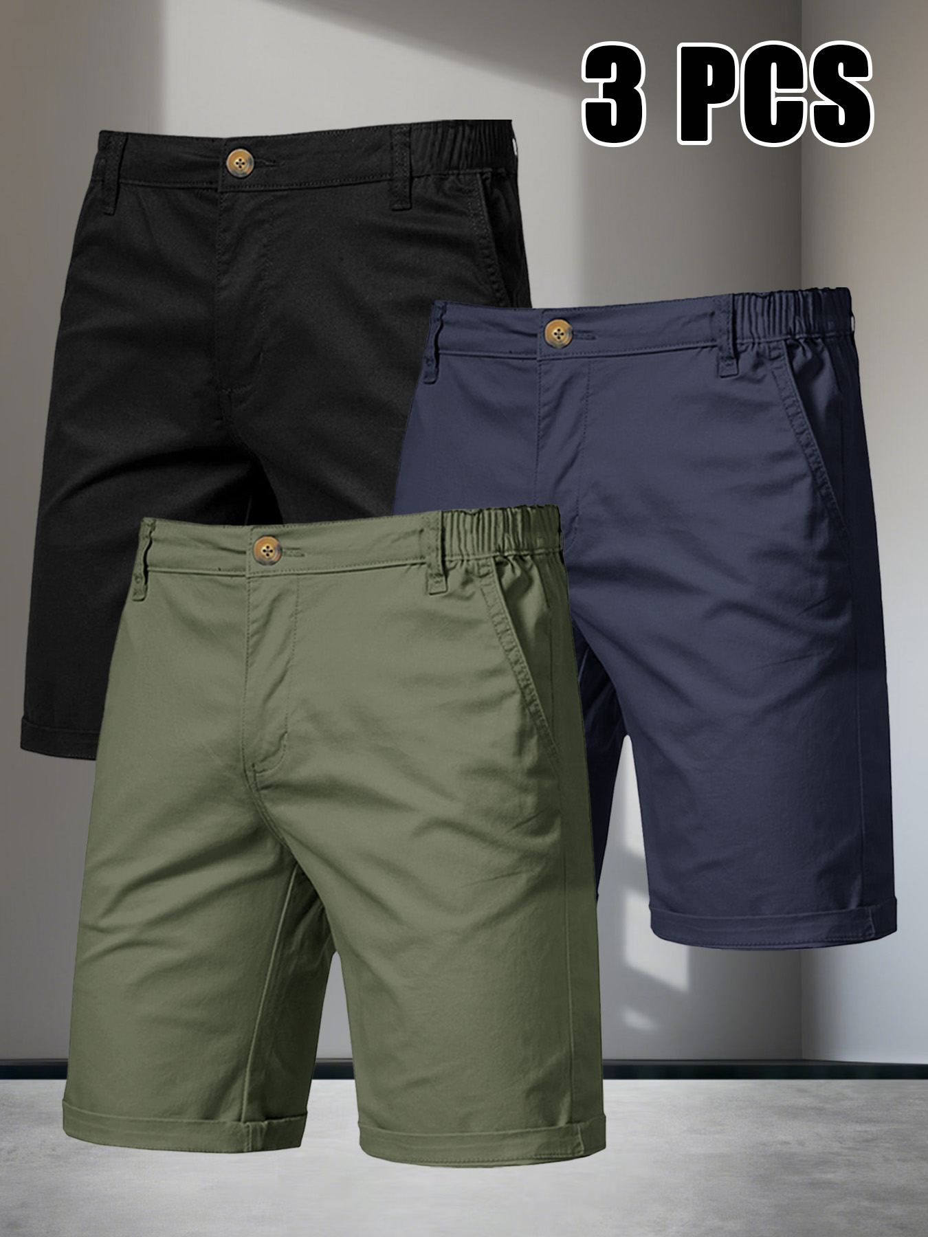 3pcs mens solid color casual zip up shorts summer breathable athletic bermuda shorts     straight shorts with pockets and button design suitable for daily commuting beach vacation   outdoor leisure etc
