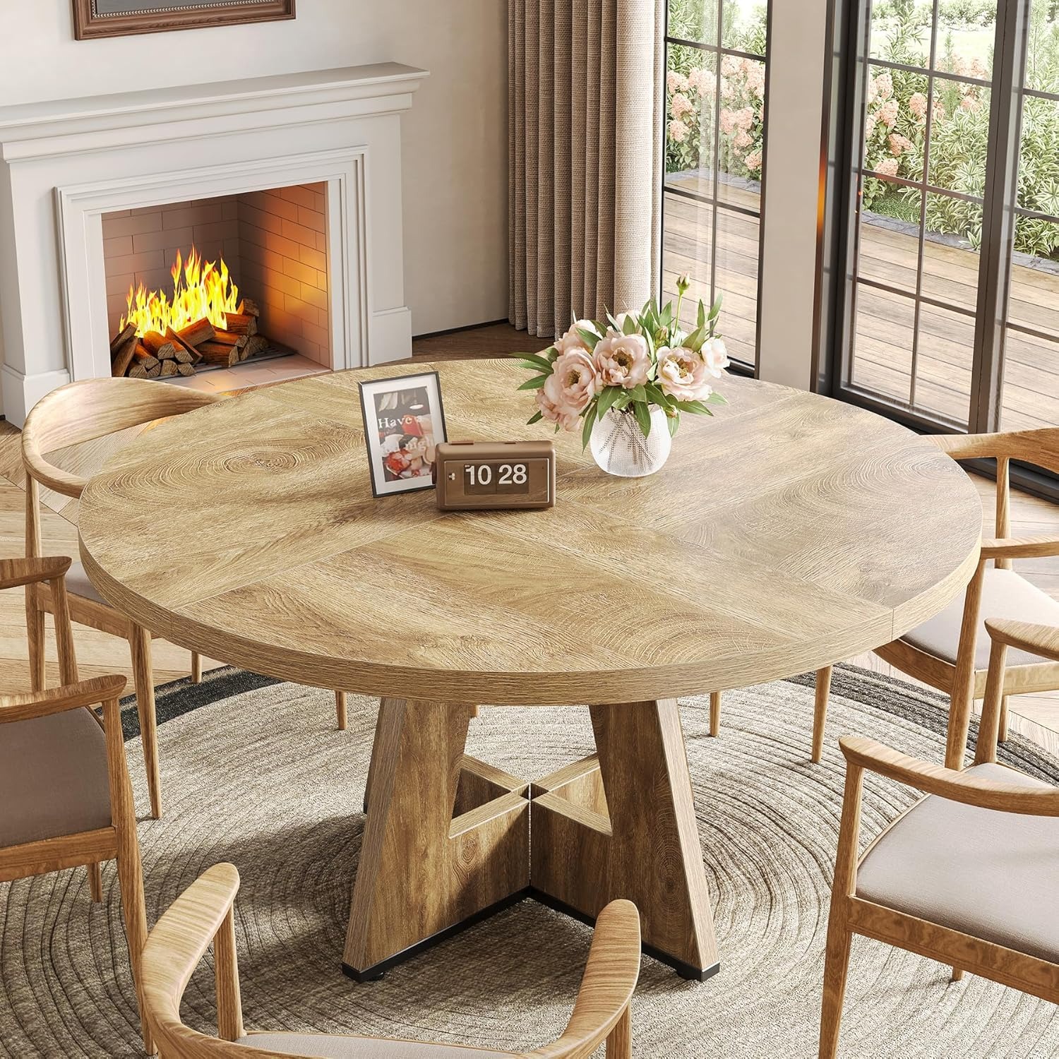 Image of Round Dining Table For 4-6 People, 47-inch Dining Room Table With Wooden Pedestal Base, Tables For Dining Room, Kitchen, Living Room, Oak