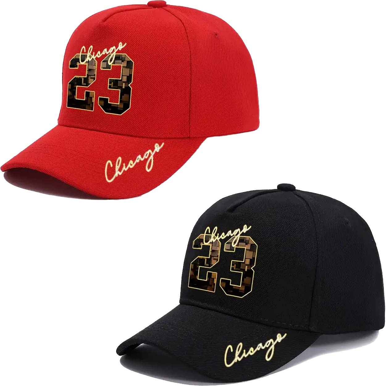 TEMU Lot de 2 casquettes de baseball unisexes avec Chicago et imprimé doré numéro 23 | Bord incurvé, ajustable, légère, parfaites pour les sports de