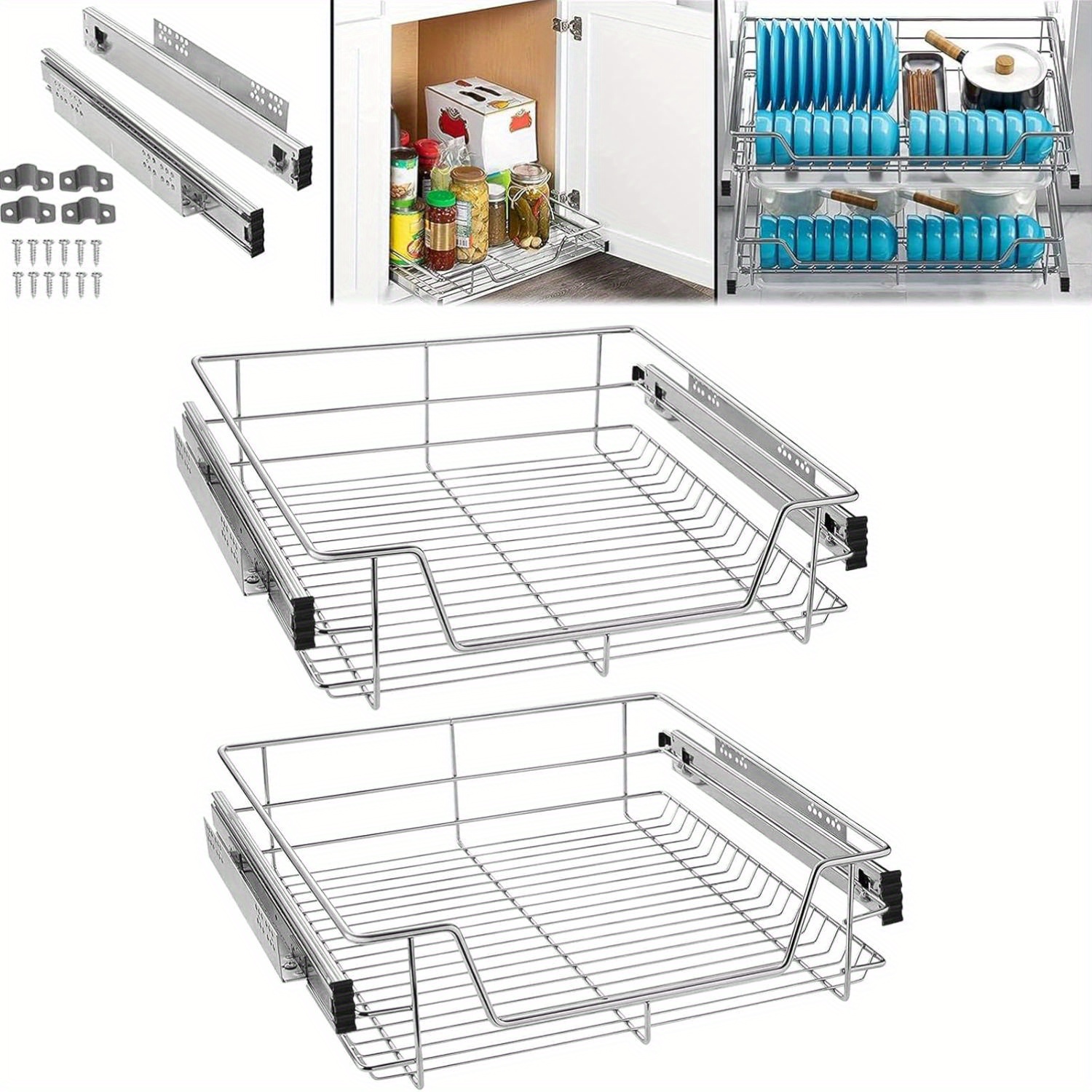TEMU Slide-out Wire Storage Baskets - Set Of 2 Or 4, Chrome Organiser Drawers For Kitchen Cabinets, Pantry & Bathroom (fits Base Units)