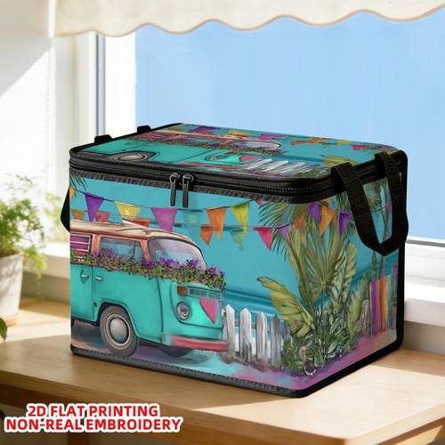 1pc vintage bus print fabric storage box with zippered lid large capacity and foldable suitable for storing clothes and for multiple home under bed storage