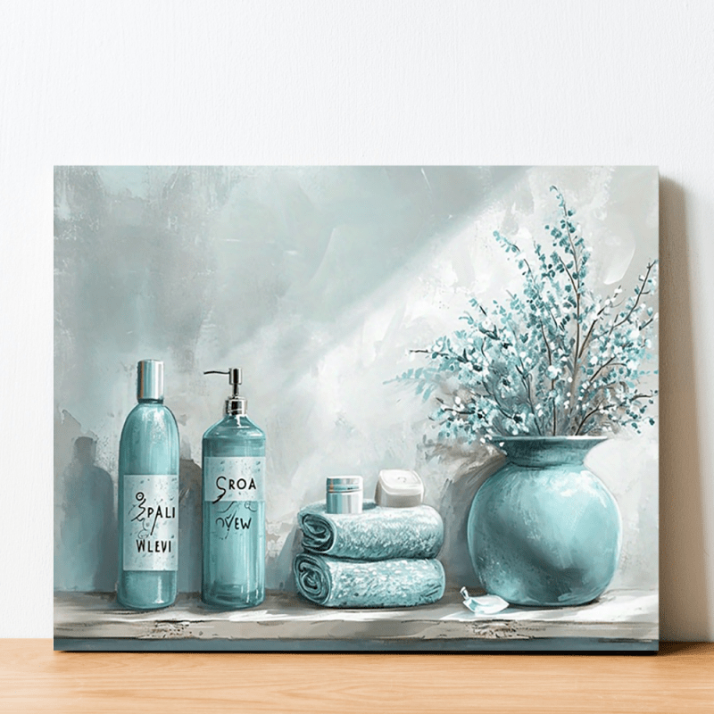 

Rustic Farmhouse Floral Canvas - Waterproof, Wooden Light Gray & Teal Bathroom Decor, 11.8x15.7 Inches, Bathroom , Room Decor