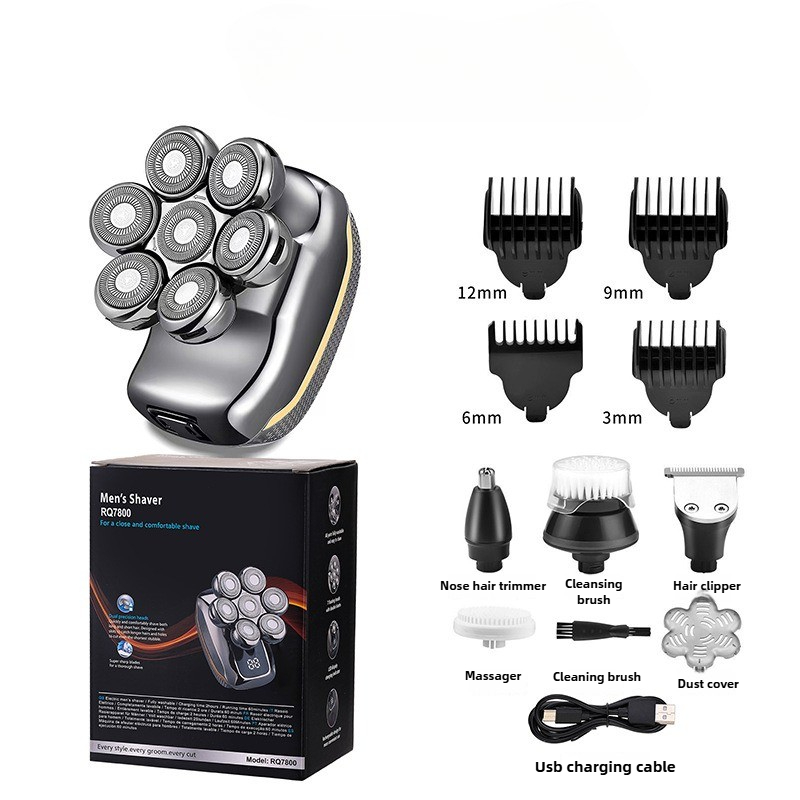 TEMU Men's Electric Head Shaver - Rechargeable Cordless Razor For Bald Men, 6-in-1 Wet/ Dry Beard Trimmer, Body Groomer & Beauty Set With 7 Rotary
