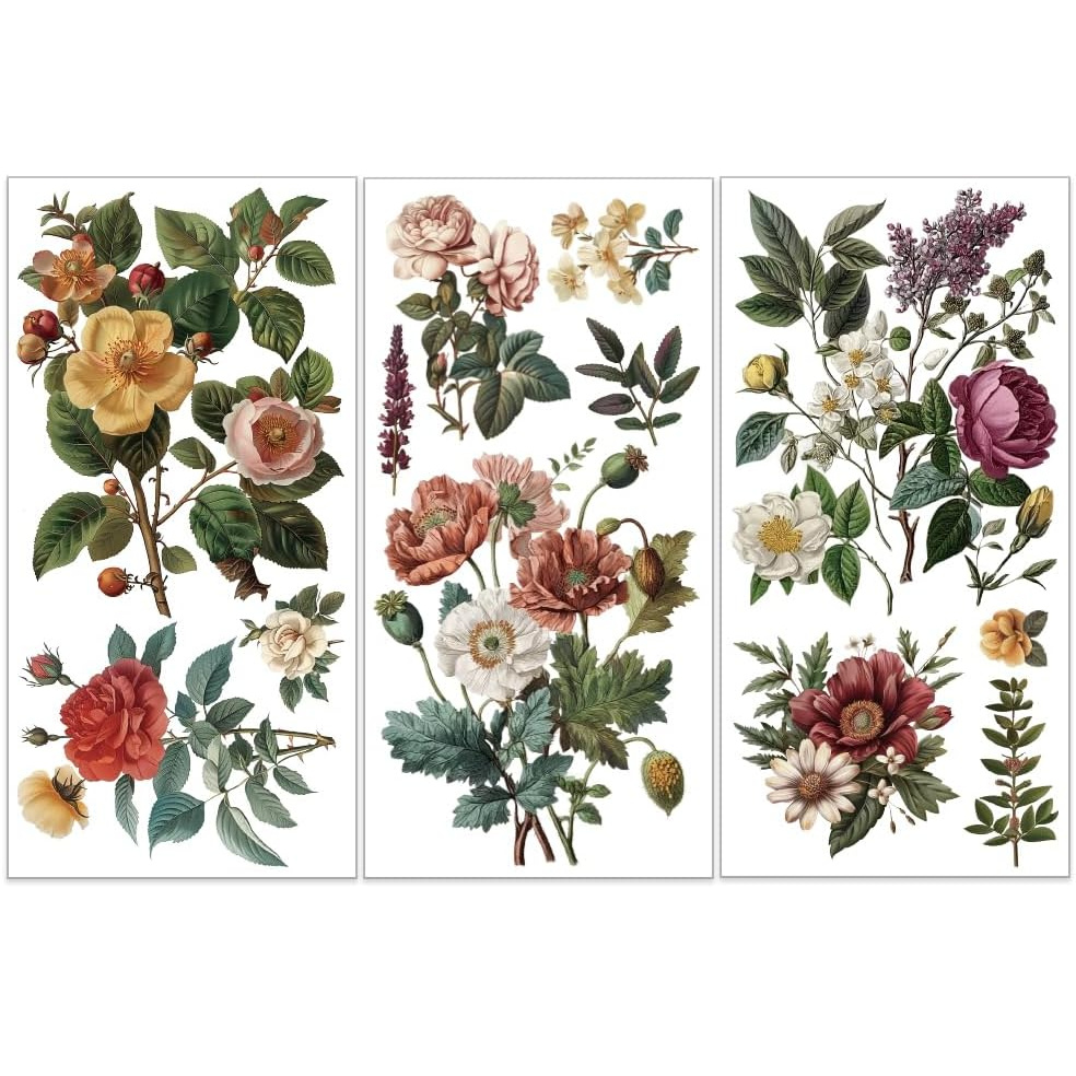 TEMU 3 Piezas/Set Transferencias Vintage de Flores para Muebles y Manualidades 6x12 Pulgadas Calcomanías y Peonía para Decoración de Gabinetes y