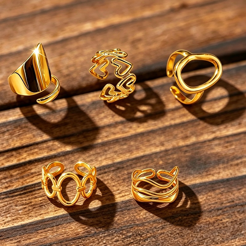 TEMU 5 piezas de acero inoxidable dorado con diseño geométrico de , ovalado y de líneas, anillos versátiles y modernos, unisex, lujo que , joyería de