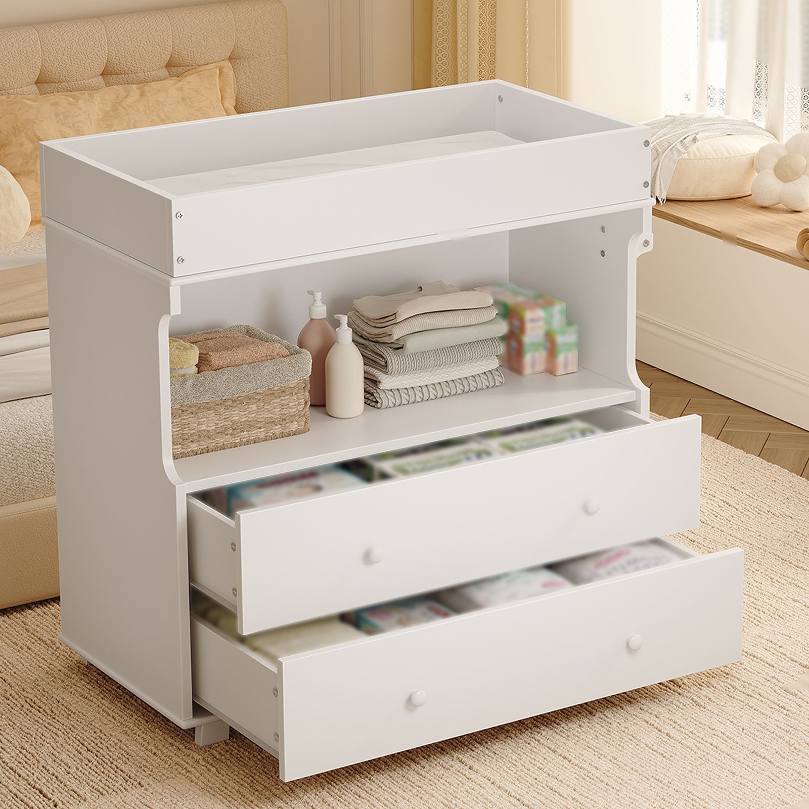Baby Changing Table Dresser with 2 Drawers & Open Shelf - Modern White Nursery Dresser, Diaper Changing Station with Lock-Free Design, Non-Wood Durable, Easy Assembly for Kids Room, Nursery, Baby Room Storage Organizer