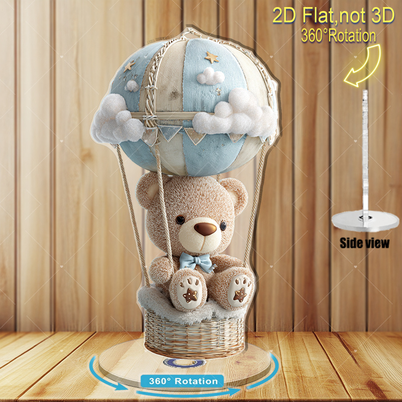 TEMU 2D, Colgantes PLANOS 2D, Remates DROPS, Estatuas Acrílicas Giratorias Impresas 2D, con un Adorable Oso de Peluche de Peluche en un Aerostático