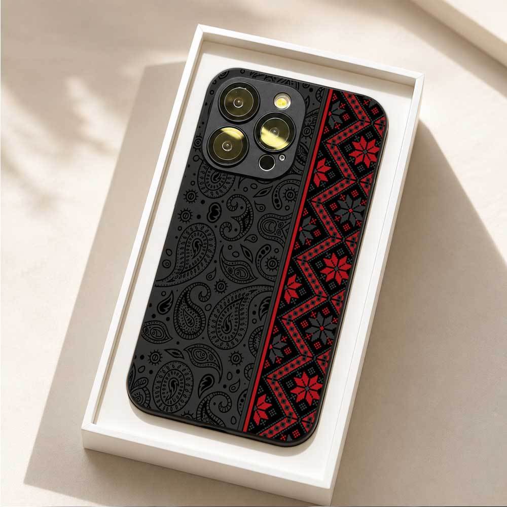 Image of Phone Case: Stylish Elegant Black Red Ethnic Pattern Phone Case For Iphone 15, 16promax, 14, 17pro, 13, 12, 11 , Plus, 16, 17, 16pro, Scratch-resistant Perfect Gift, Vintage Retro Protective Cover