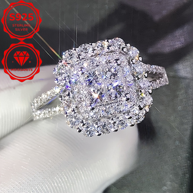 TEMU Bague carrée en argent sterling S925 avec moissanite - Design élégant, idéale comme cadeau pour femmes pour , la Saint-Valentin et la fête des