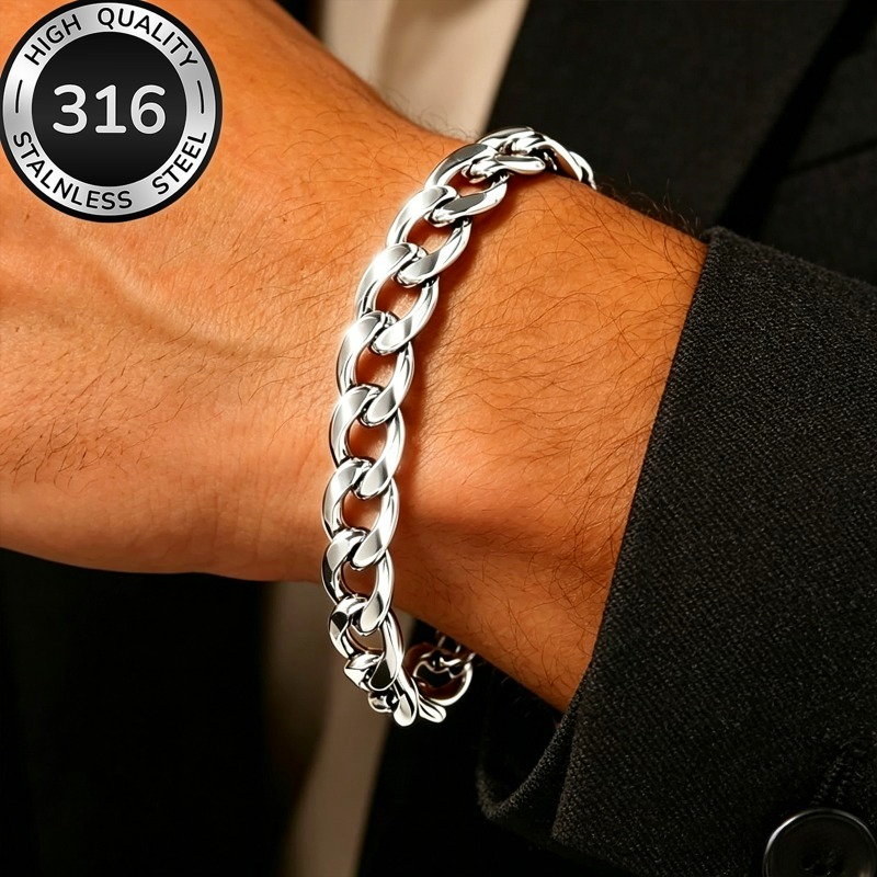TEMU 1 bracciale a maglie cubane in acciaio inossidabile 316 qualit�, minimalista, largo 7 mm, bracciale da rifinito e lucidato, accessorio trendy in