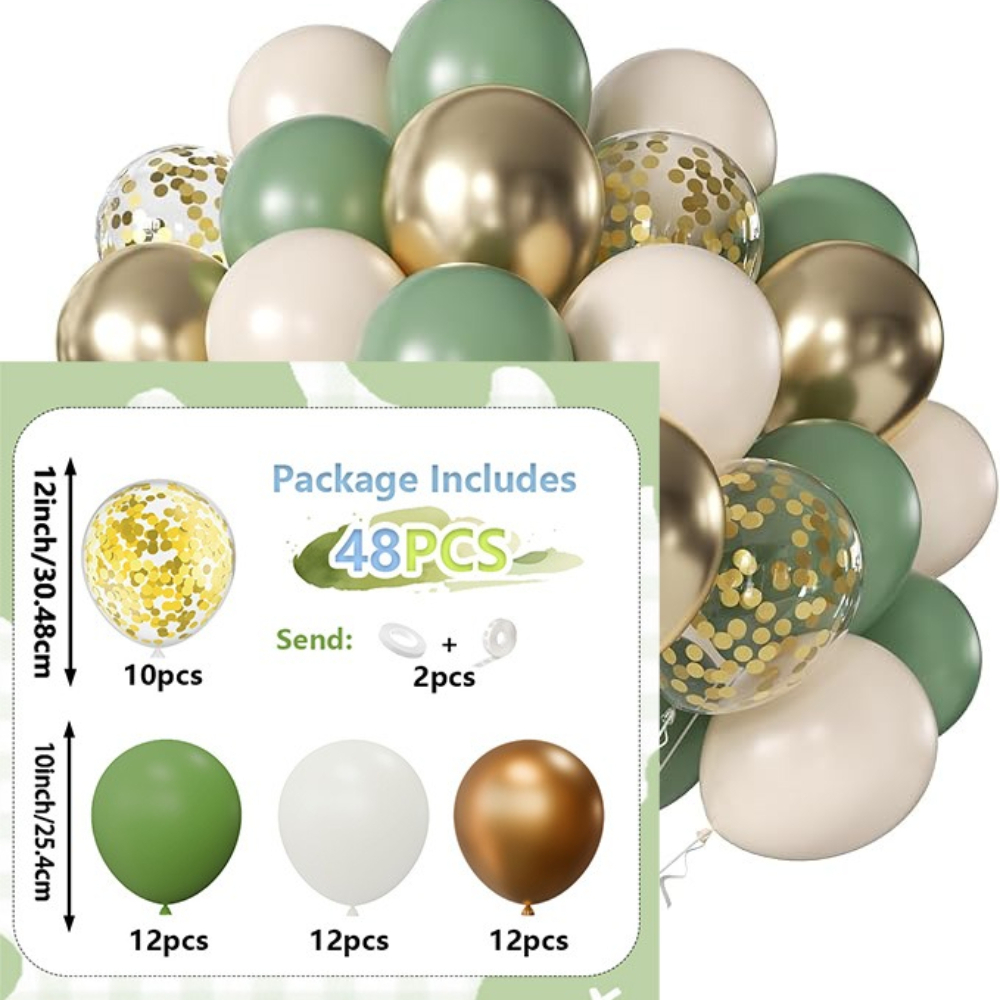 TEMU 48pcs Theme Balloon Suit, Including Avocado, White, Metallic Golden, Golden Litter Balloons For Birthday Party, First Year Banquet, Outdoor Lawn