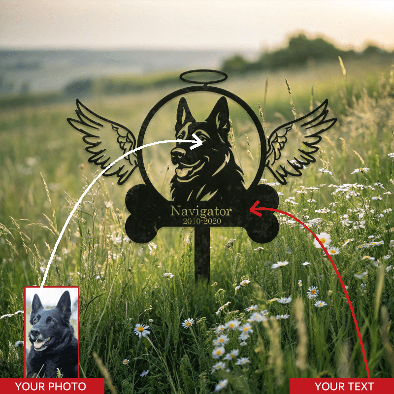 Customizable German Shepherd Memorial Stake with Hand-Drawn Angel Design