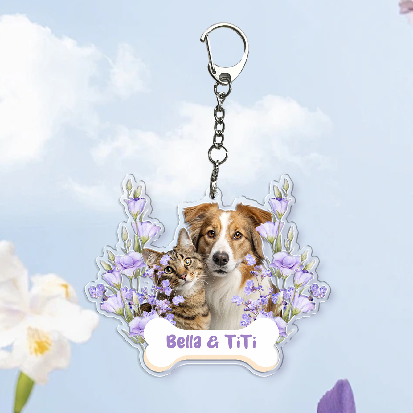 Customized Pet Images and Names Spring Flower Keychains