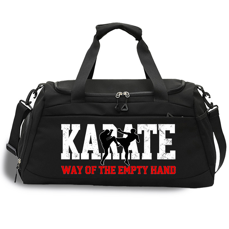 TEMU 1pc Sac de Voyage Léger Noir Imprimé Karaté, Sac à Main , Sac à Bagages Portable, Sac de Natation, Fonction de Séparation Sec et Humide, de