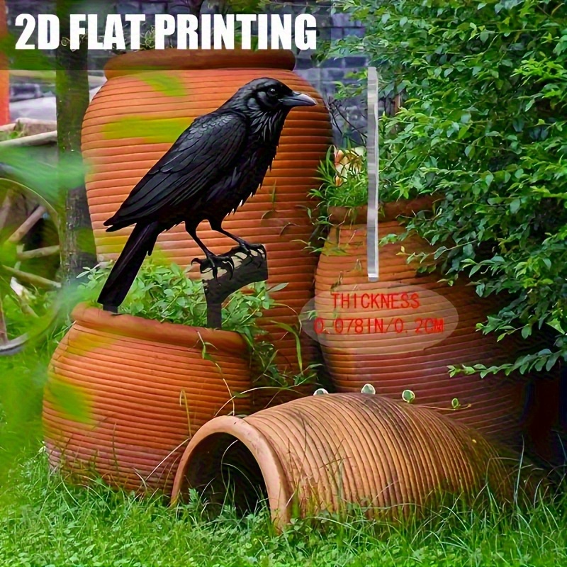 E-shop 2D Flach, Ein Schwarzer Krähen-Gartenstecker aus Kunststoff im Bohemian-Stil, Ideal für Höfe, Balkone oder Tische. Ein perfektes