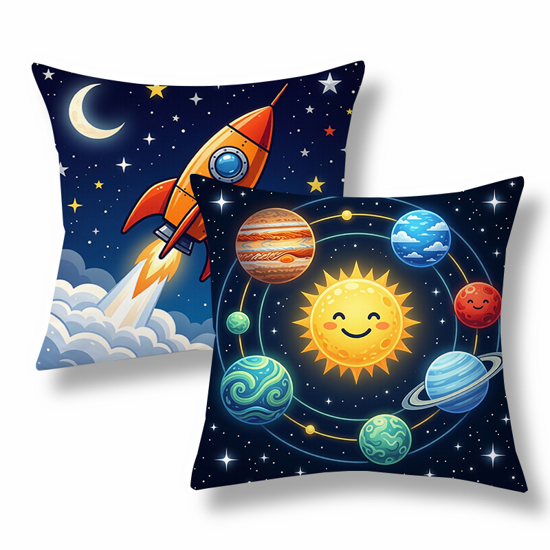 TEMU 2 housses de coussin style dessin , coussins décoratifs, motif sur le thème avec et planètes, tonalité bleu foncé et multicolore. Housses de