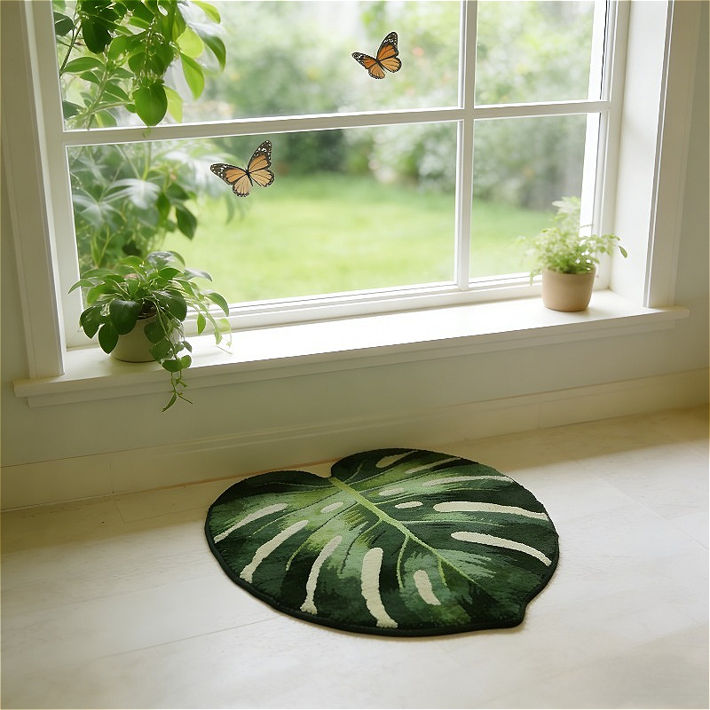 TEMU 1pc Suitable For Rooms Imitation Cashmere Rug With Plush Carpet - Thick Pile Monstera Leaf Design, Irregular Shape Suitable For Bedroom, Living