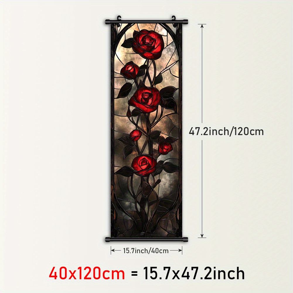 TEMU 1pc Anime-inspired Red Roses Stained Glass Hanging Scroll Wall Art - Vertical Canvas Print With Plastic Frame, Dark Background Floral Decor For