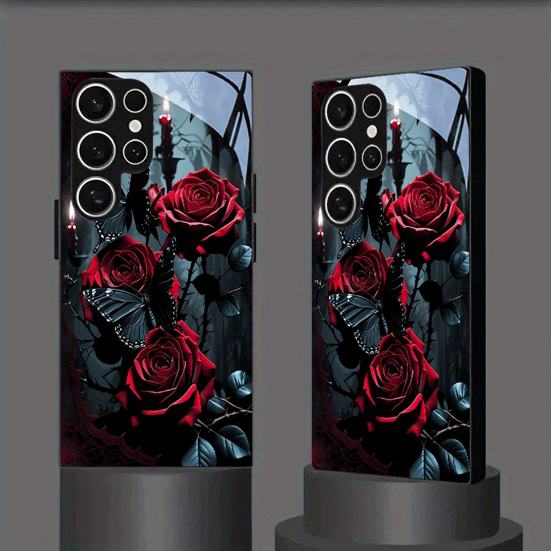 Phone Case: Phone Case - Red Rose Pattern Tempered Glass Phone Case Black For Iphone 17/16/15/14/13/12/11/plus/pro/pro Max/17 Air And Galaxy S26/s25/s24 Plus/s23/s22/s21 Ultra And Galaxy